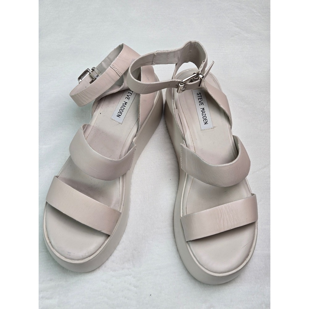 Steve Madden Beige Leather Platform Sandals Strappy Flatform Buckle‎ Size 8.5